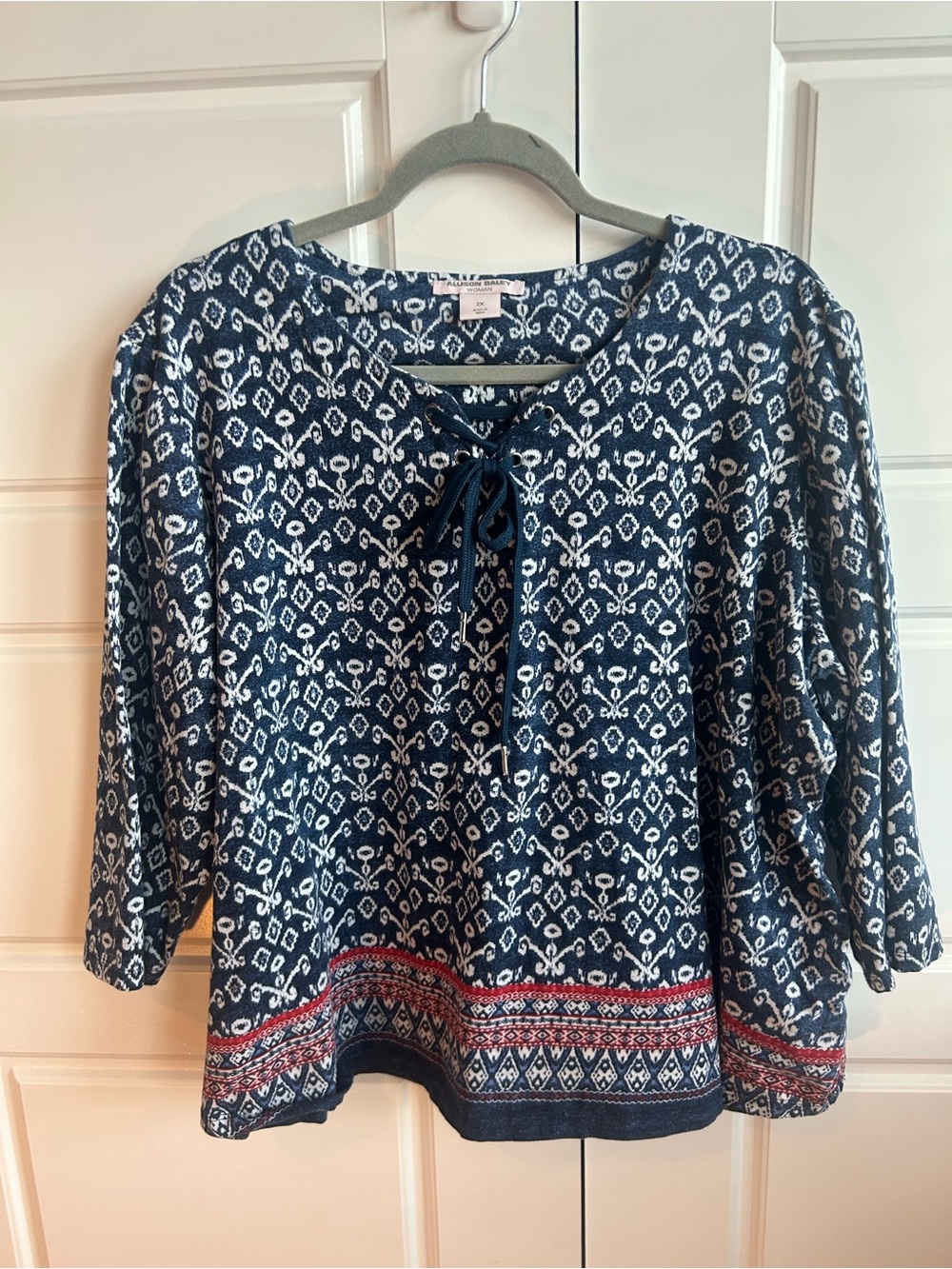 Allison Daley Navy Patterned Tie-Neck Top with Red Trim